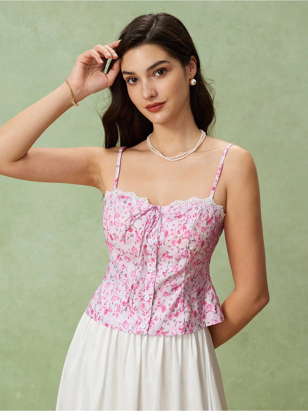 Rihoas Pink Floral Sweetheart Neck Cami Top